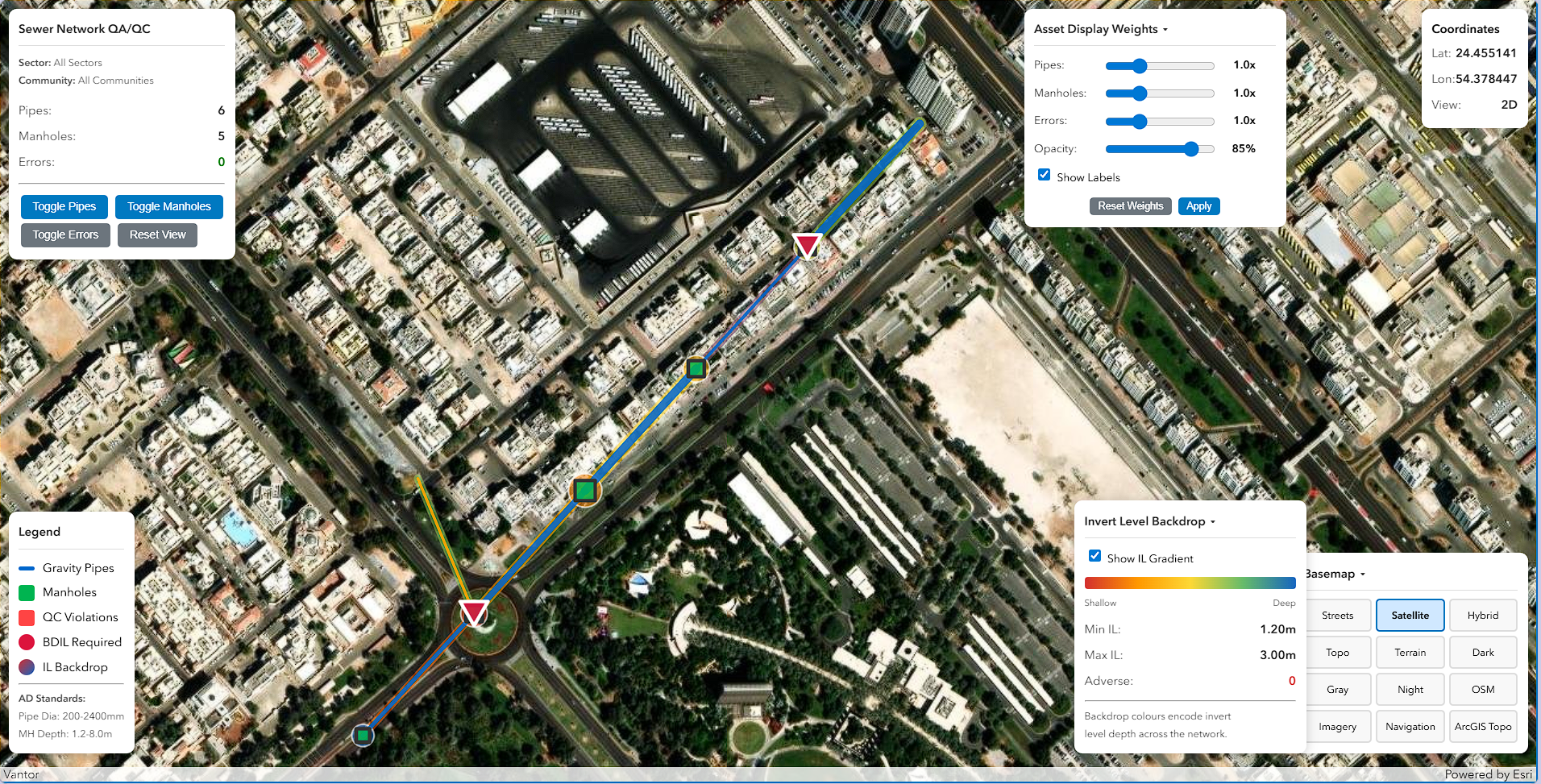 2D top-down sewer network view with QC violation markers on Abu Dhabi street network